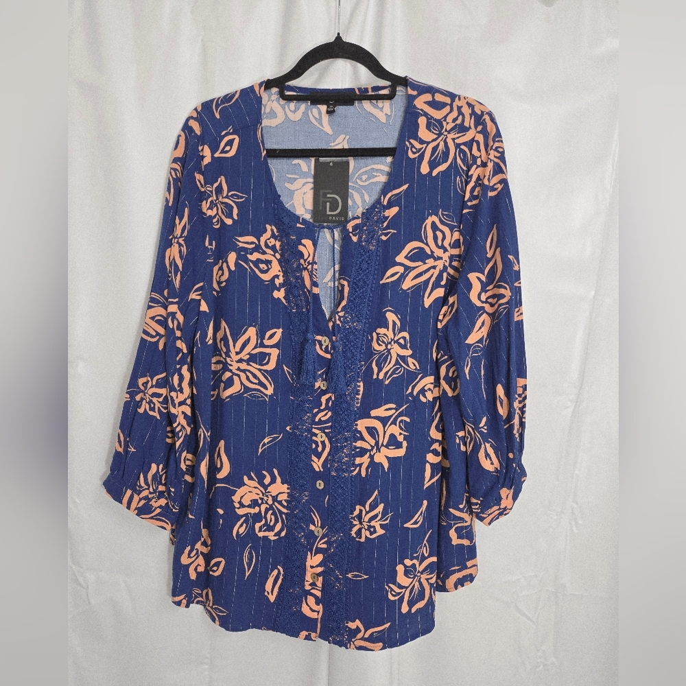 Fred Davis Sz 2X NWT Blue Floral Flutter Sleeve Blouse